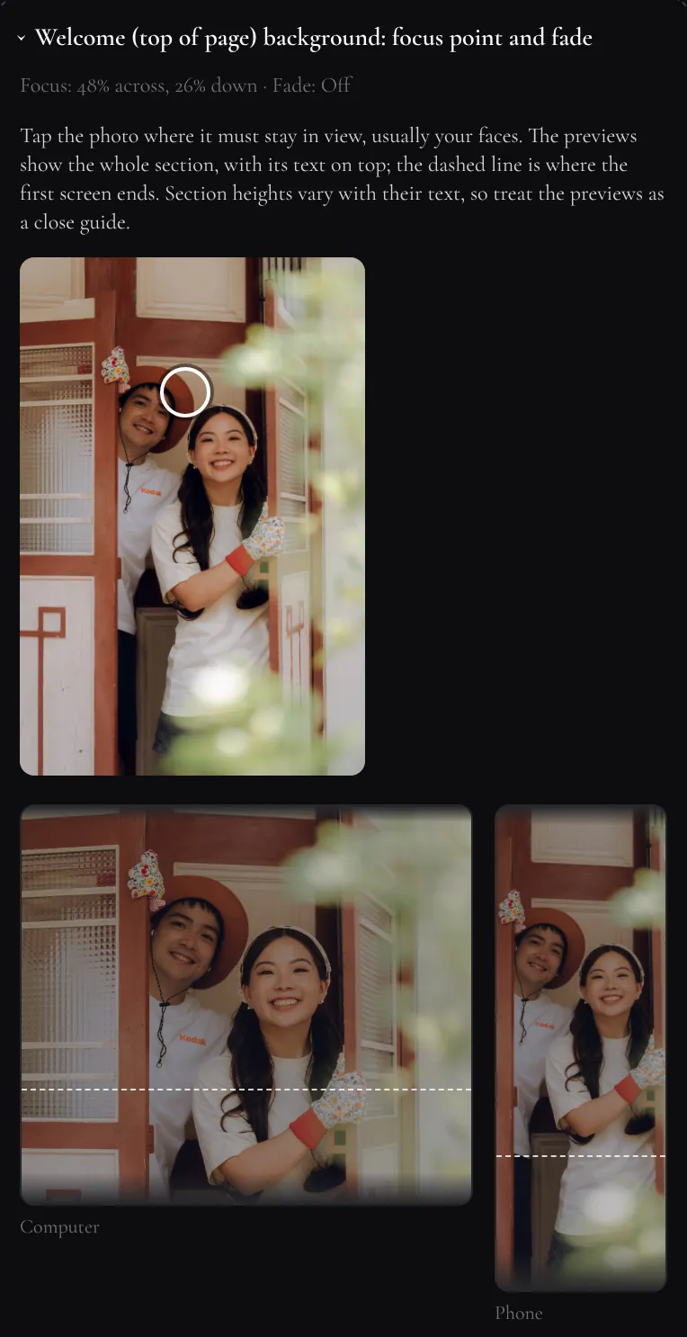 The focus point picker for the photo at the top of the invite: our photo with a circle marking the focus point, and below it previews of how the section is cropped on a computer, wide, and on a phone, tall, each with a dashed line where the first screen ends.